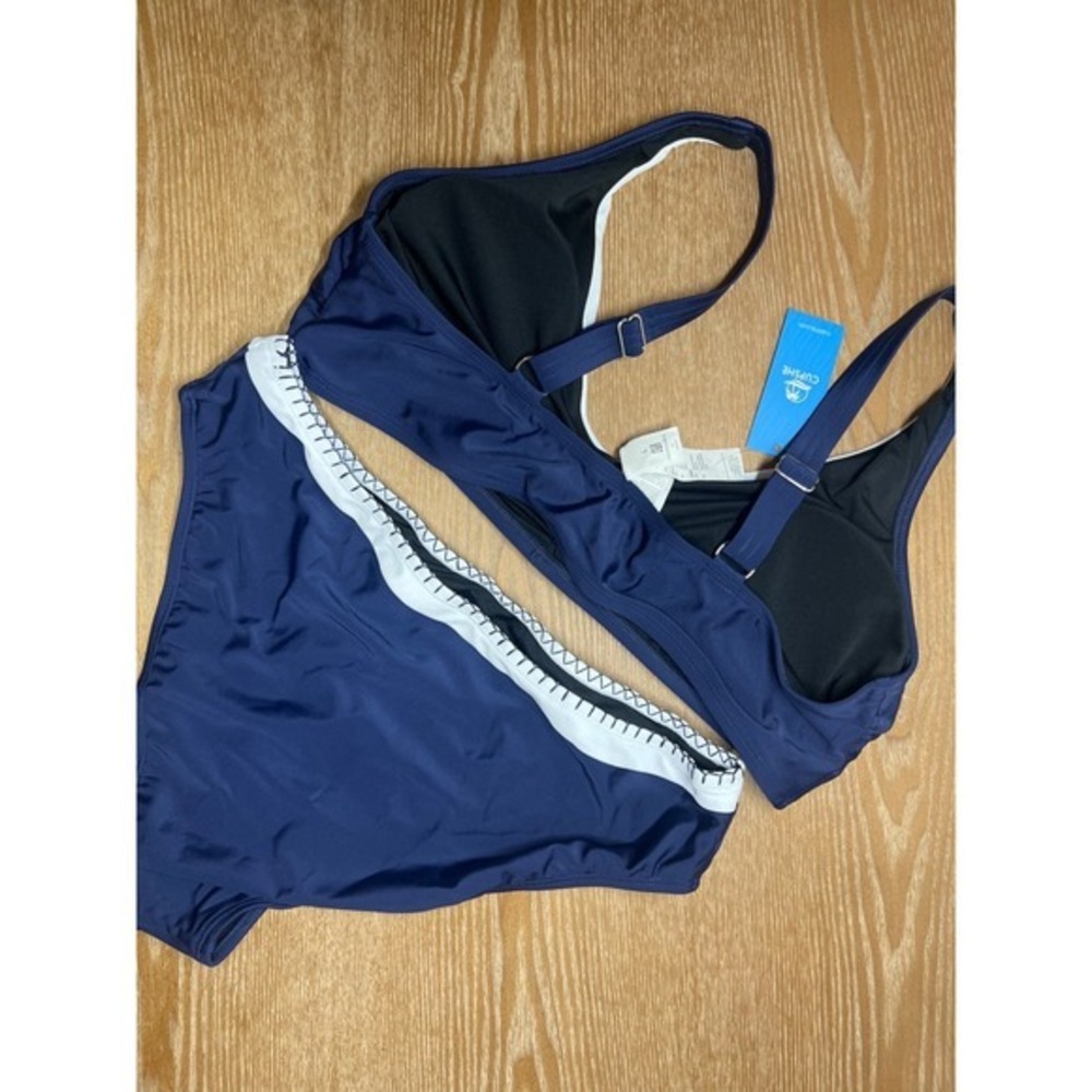 Cupshe Womens Navy Blue White V-Neck High Waisted Bikini Set M - Picture 3 of 4